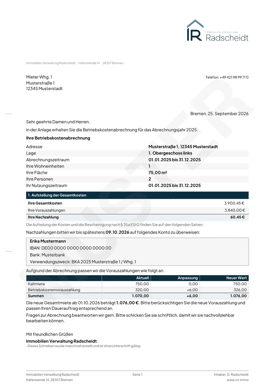 Musterabrechnung Seite 1: Anschreiben mit Ergebnis und Anpassung der Vorauszahlung